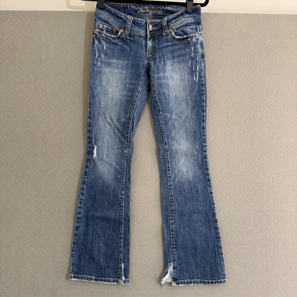 American Eagle Outfitters Low Rise Flare Jeans Distressed Blue Denim Sz 2 grunge